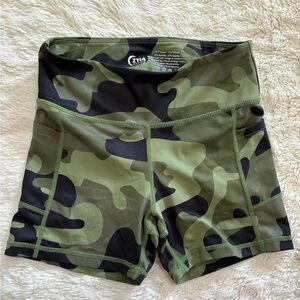 ZYIA Women's Camo Bike Shorts - Olive Green & Black, Pockets, XS
